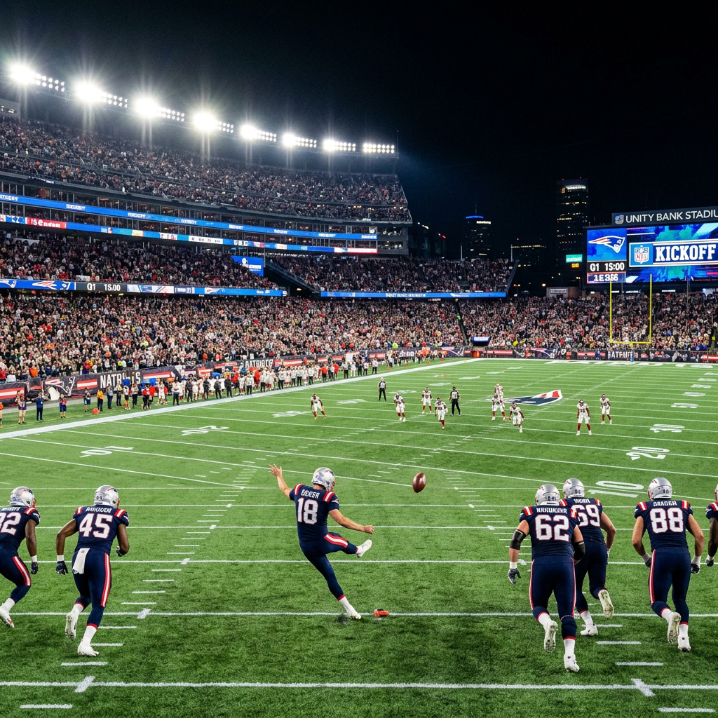 New England Patriots players kicking off during an NFL game at night in a full stadium