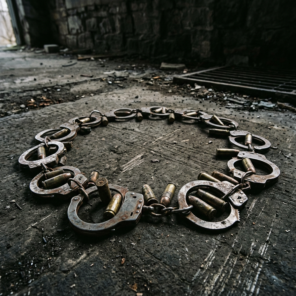 Rusty handcuffs arranged in a circle with bullet casings inside each cuff on a worn concrete floor
