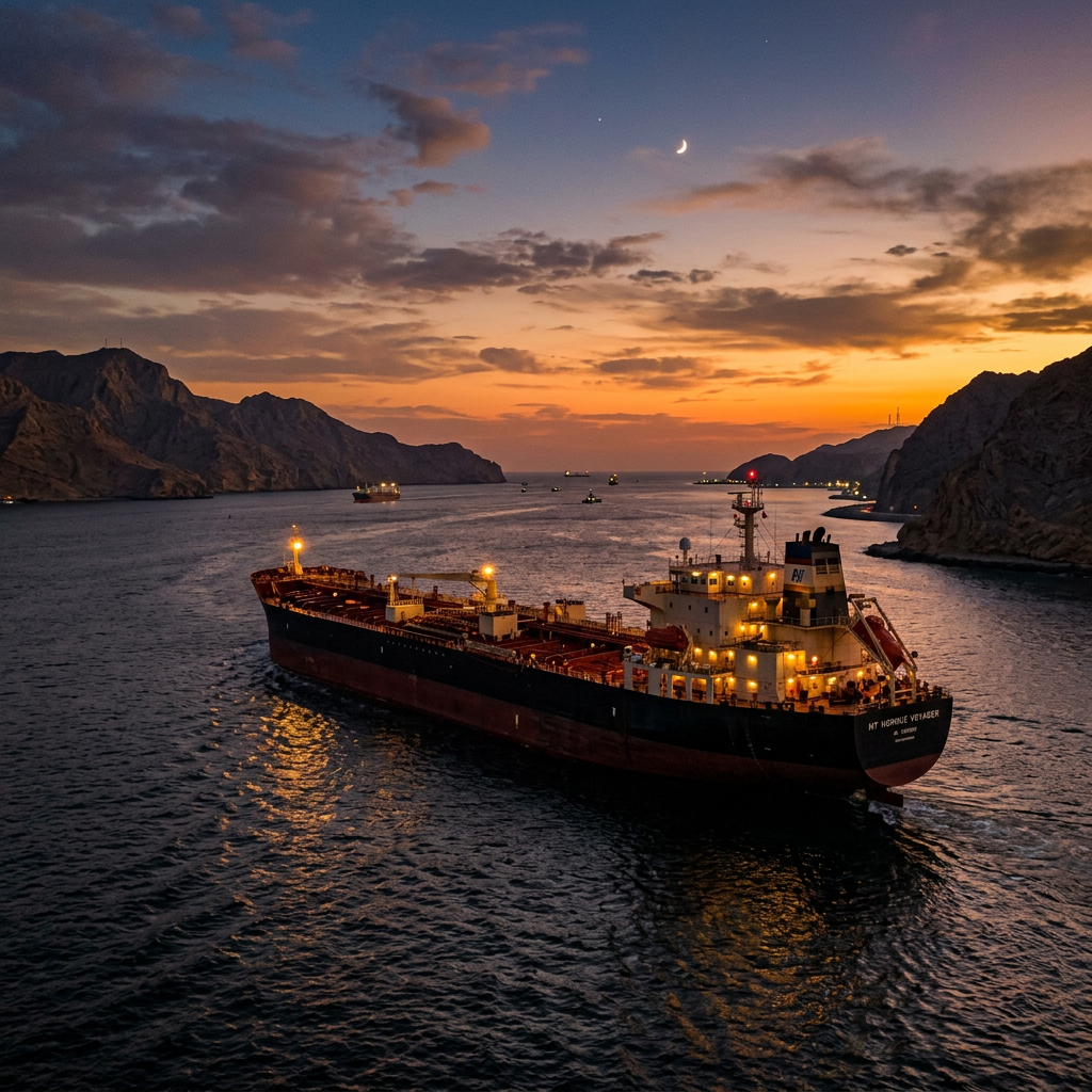Tanker ship illuminated sailing through narrow mountain inlet during sunset with crescent moon in sky