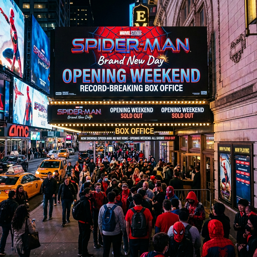 Crowd waiting outside theater for Spider-Man No Way Home premiere with sold out signs