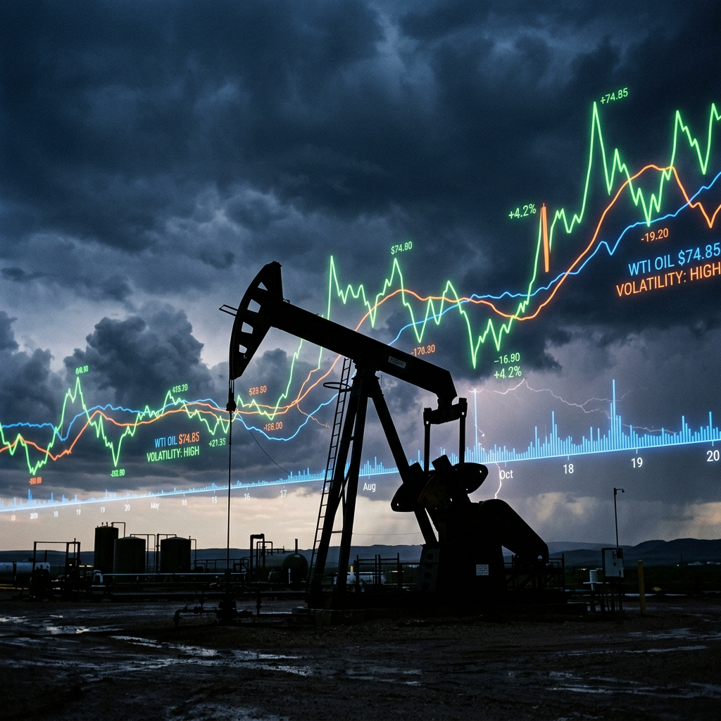 Oil pumpjack silhouette with fluctuating WTI oil price graphs and volatility indicators