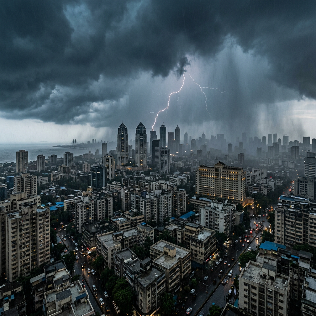Urban skyline with lightning bolt striking amid heavy rain and dark storm clouds
