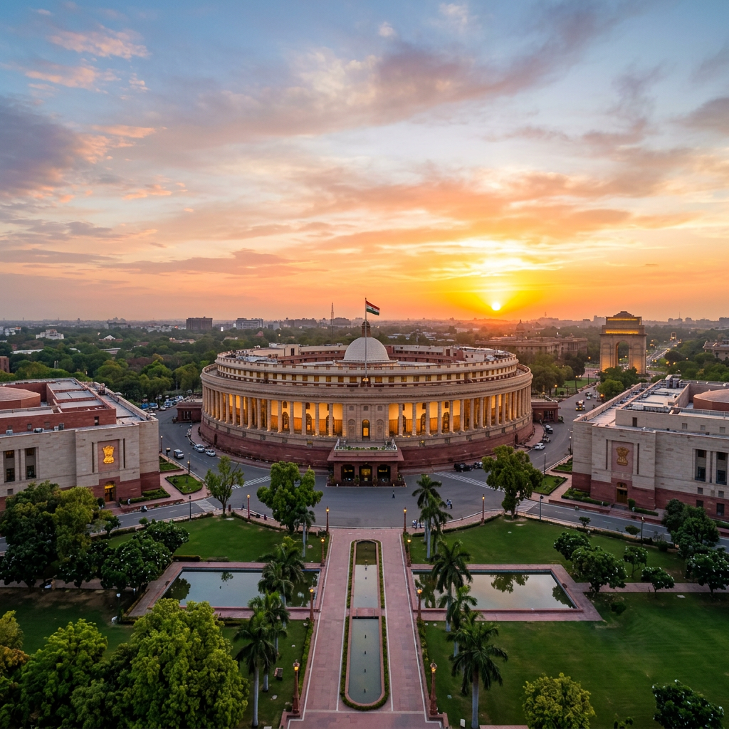 Parliament of India building with Indian flag at sunset and India Gate in distance