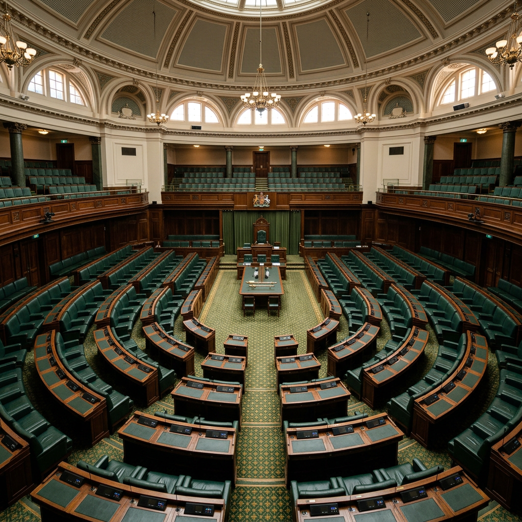 Empty parliamentary chamber with curved rows of green seats and a wooden speaker's podium under a domed ceiling