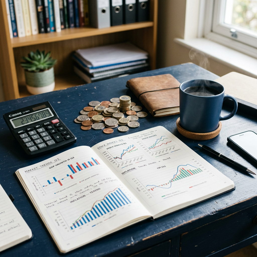 Open notebook with financial graphs, coins, calculator, pen, smartphone, and coffee cup on desk