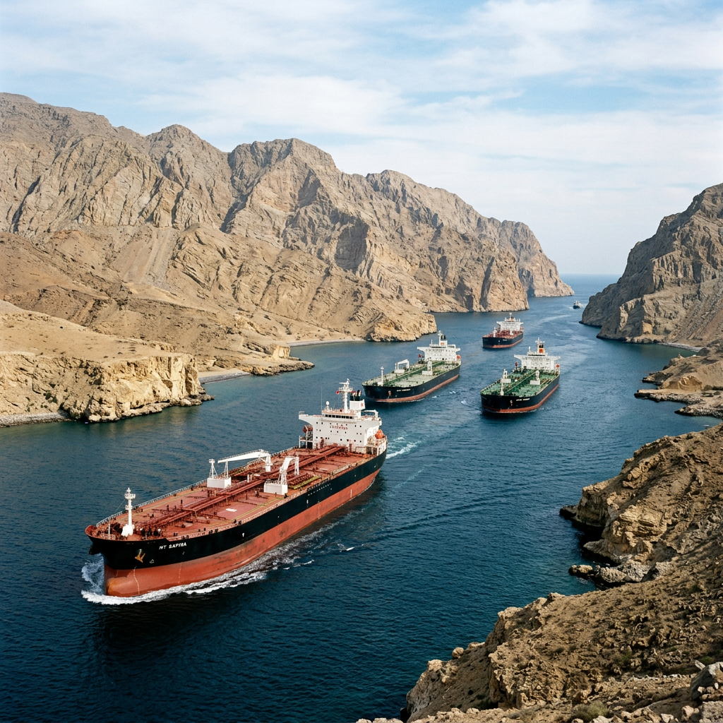 Four oil tankers navigating a narrow strait with steep rocky cliffs on both sides under a partly cloudy sky
