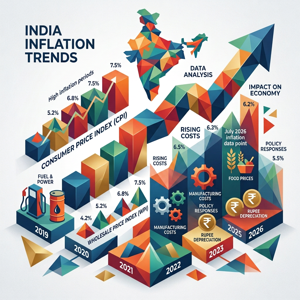 Graph showing India's inflation trends from 2019 to 2024 with Consumer Price Index and Wholesale Price Index data, highlighting rising costs and economic impacts.