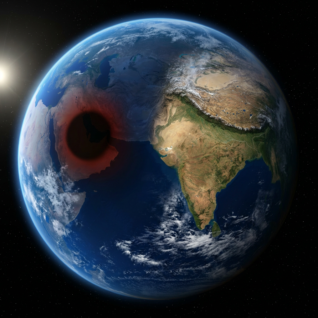 Earth from space showing solar eclipse shadow over the Middle East and India