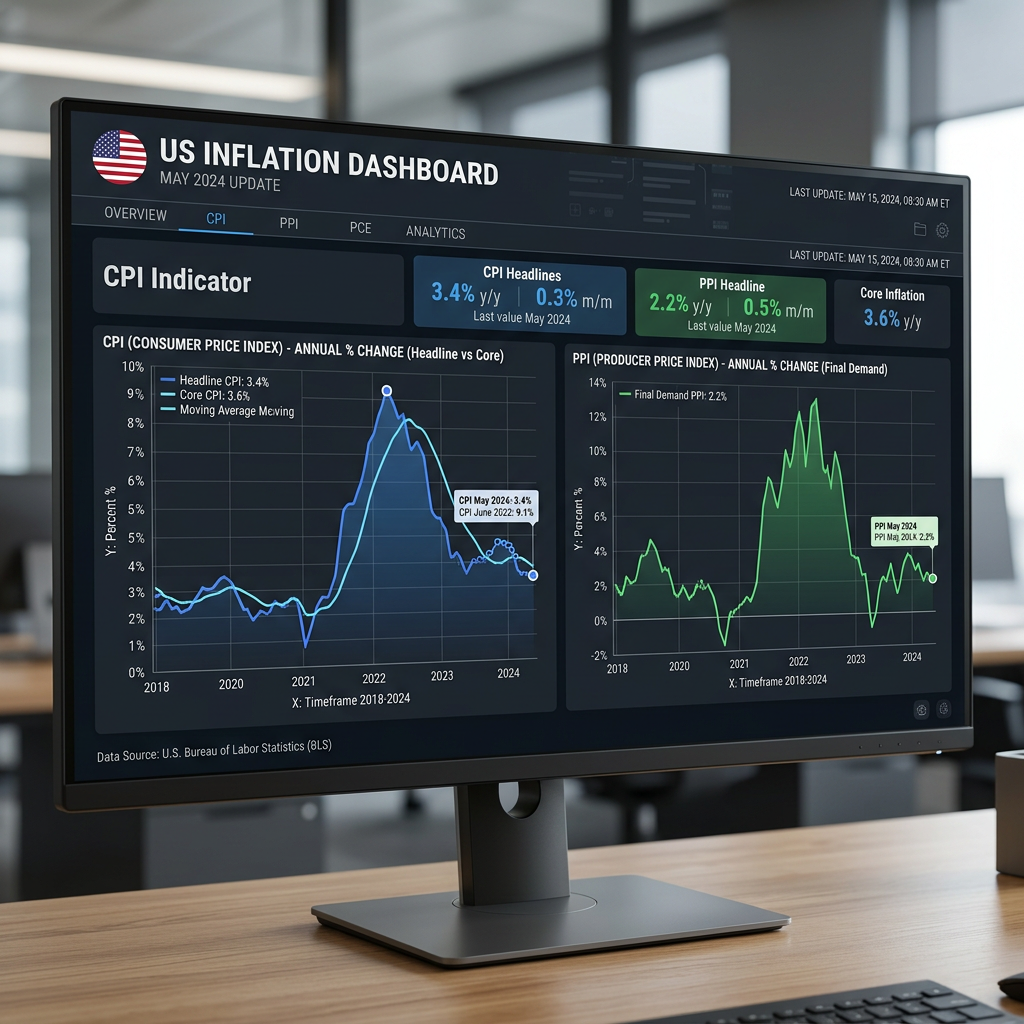 US Inflation Dashboard, May 2024: CPI 3.4%, PPI 2.2%, core inflation 3.6%.