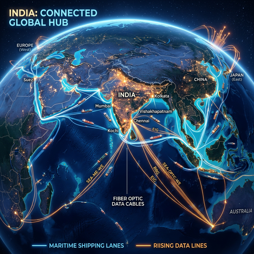 Map titled “INDIA: CONNECTED GLOBAL HUB” showing shipping and data links