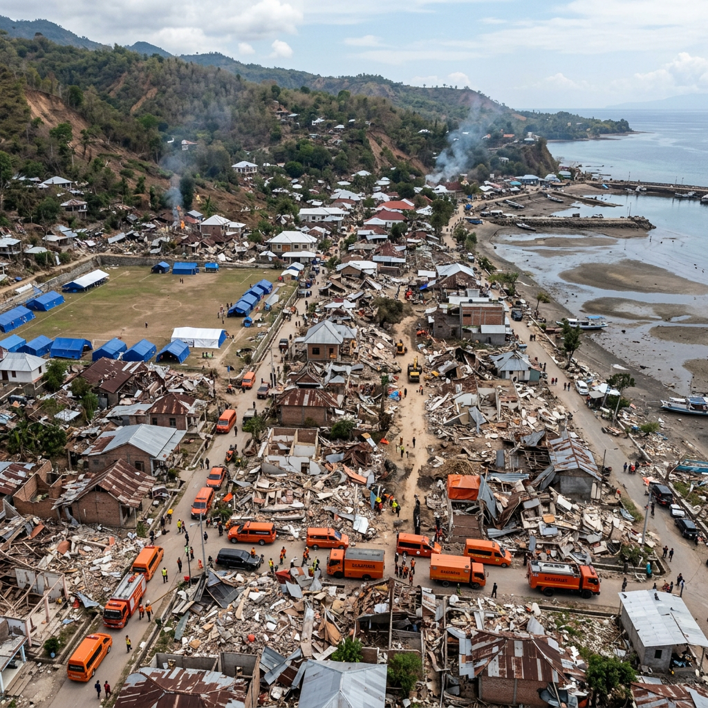 Aerial view of earthquake damage and emergency response beside a lake