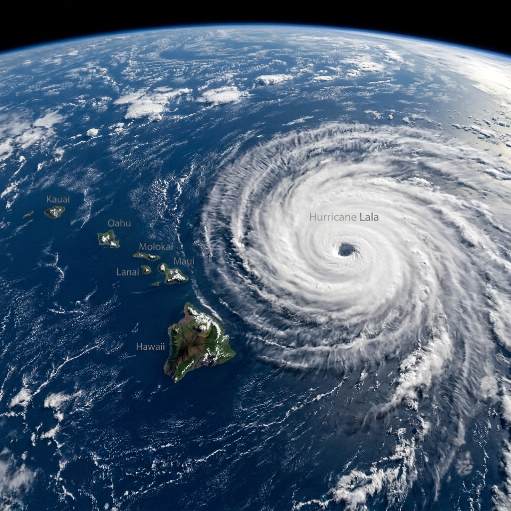 Hurricane Kai swirling east of labeled Hawaiian Islands