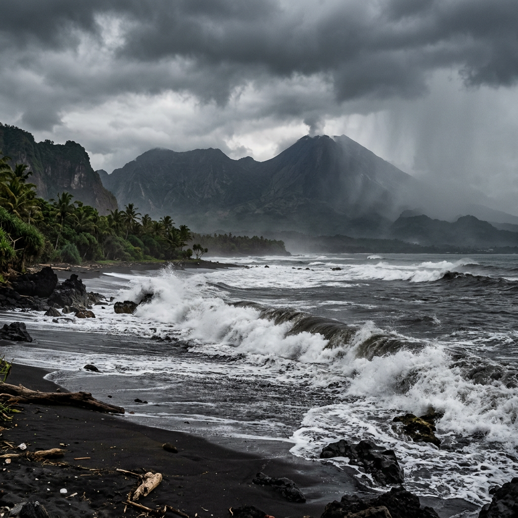 Waves crash along a black-sand beach beneath stormy volcanic mountains