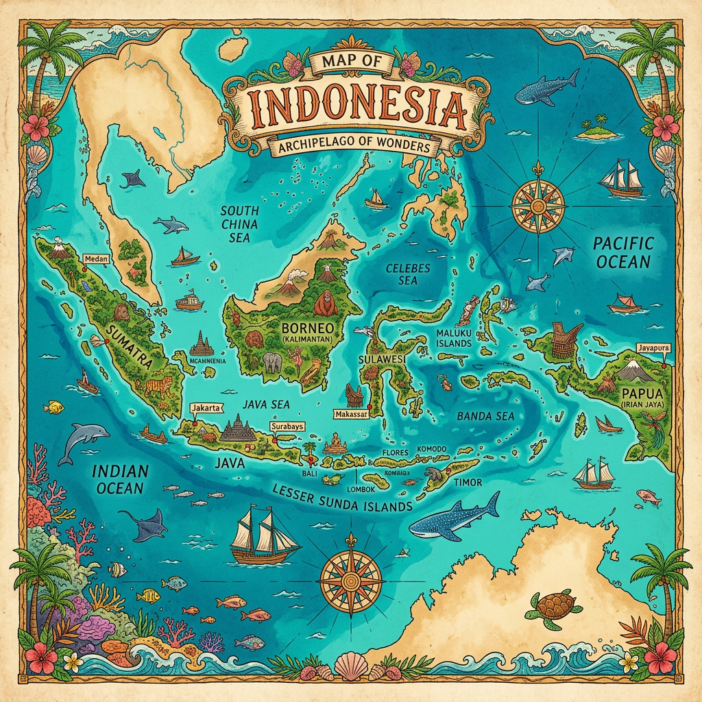 Illustrated map of Indonesia labeled with islands, seas, cities, and marine life