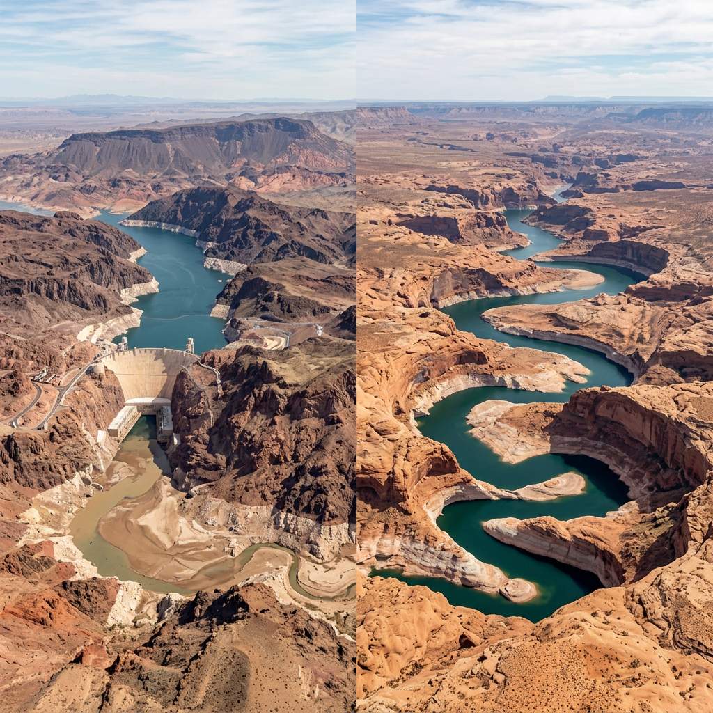 Split aerial views of a canyon reservoir and winding lake