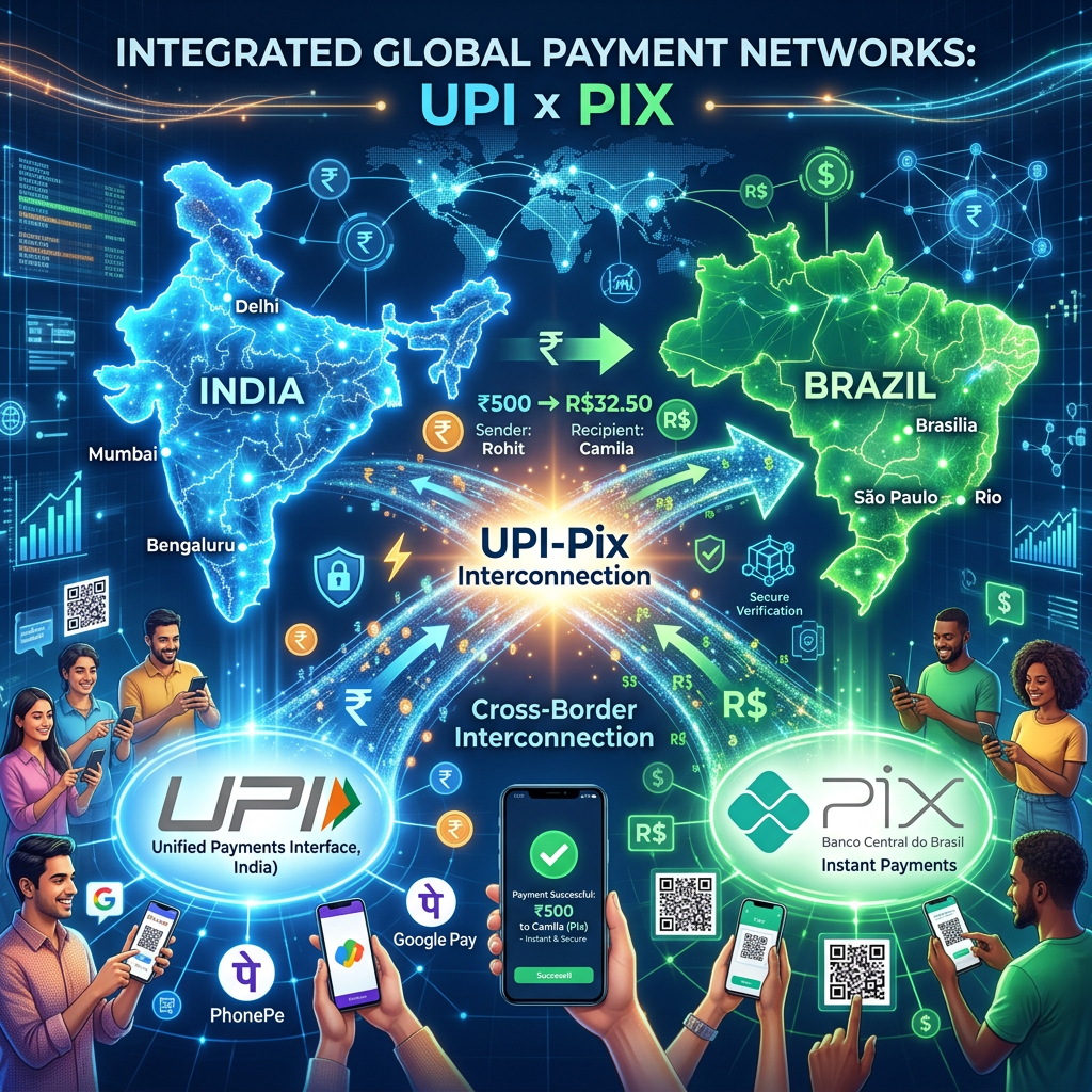 Infographic showing UPI and Pix connecting India and Brazil for cross-border payments