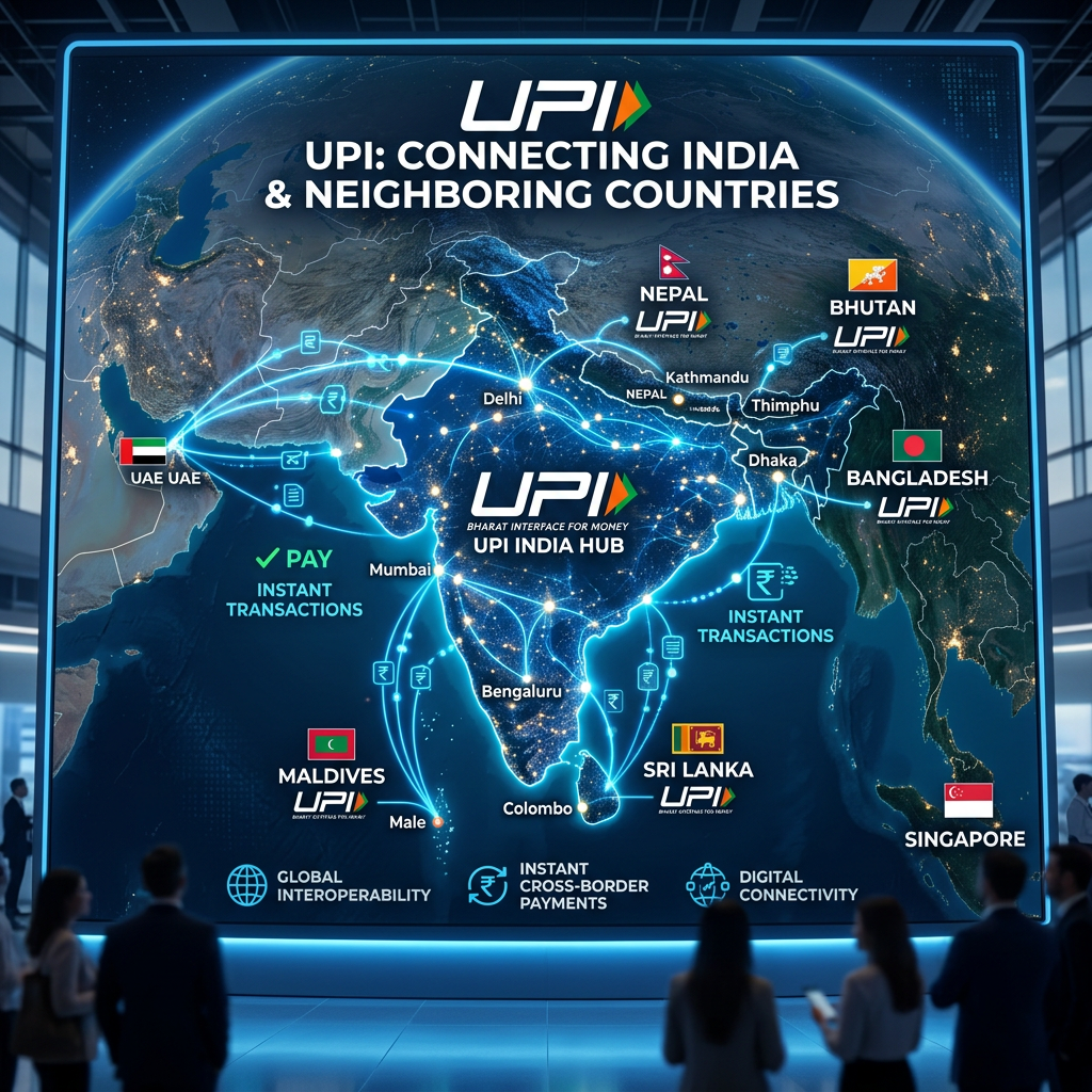 UPI: Connecting India and neighboring countries; India hub linked with UAE, Nepal, Bhutan, Bangladesh, Maldives, Sri Lanka, and Singapore for instant cross-border payments.