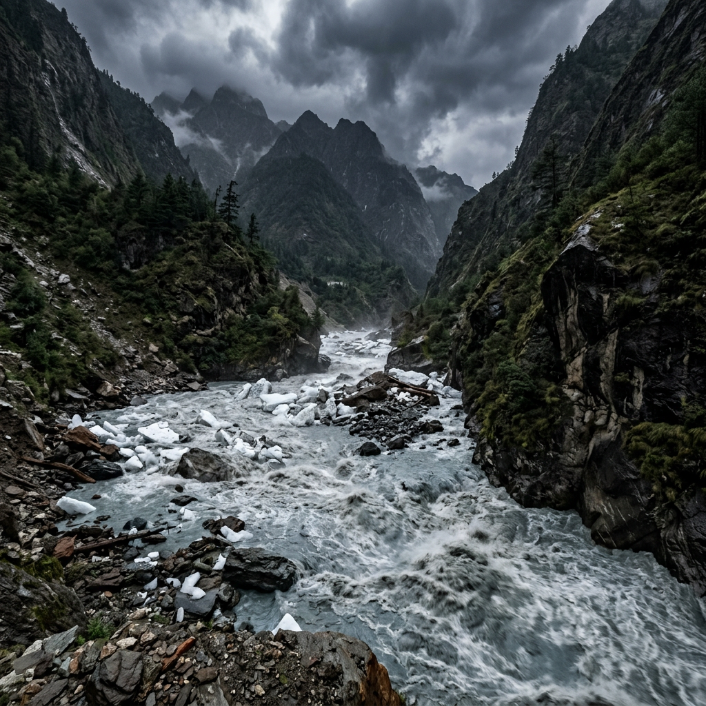 Glacial river rushing through a steep, forested mountain valley