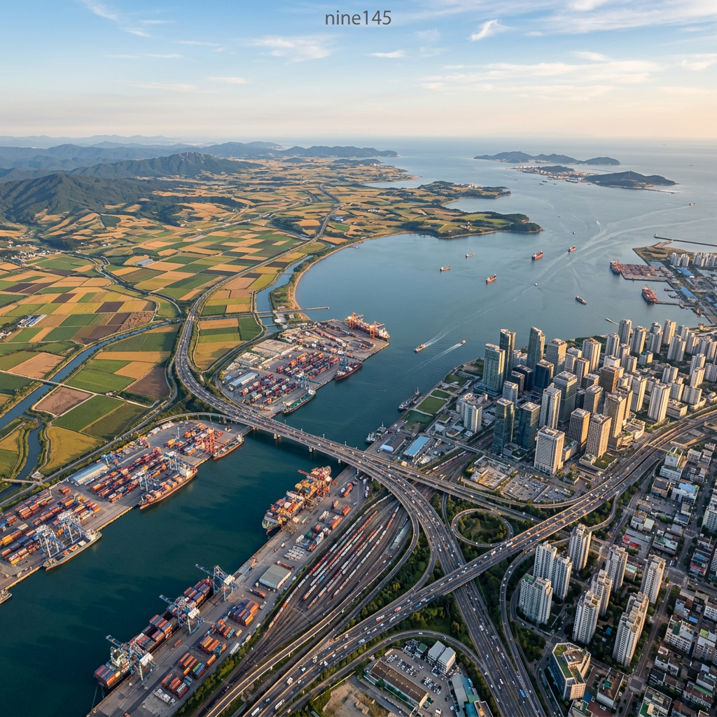 Aerial view of a coastal container port, city towers, highways, farmland, and islands