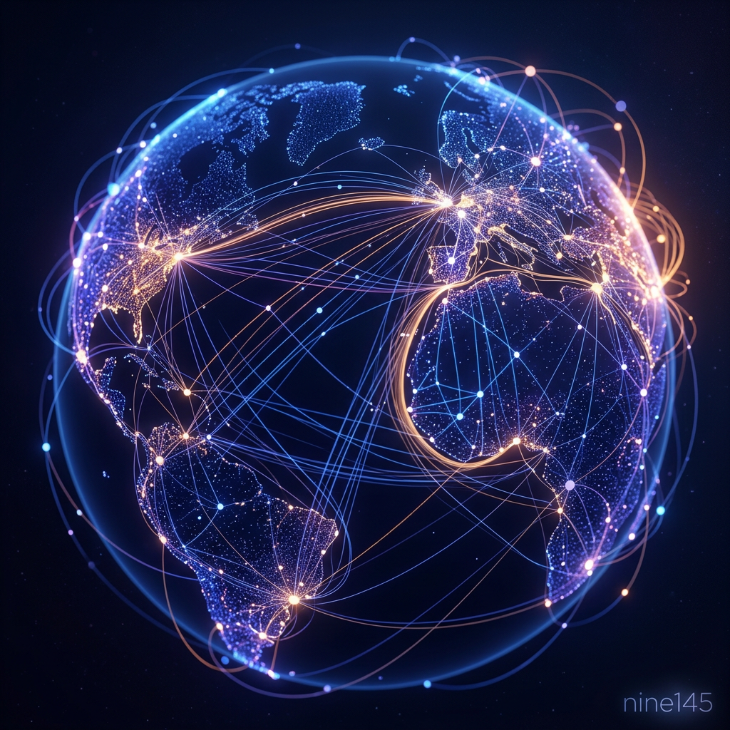 Glowing digital globe showing global network connections between continents