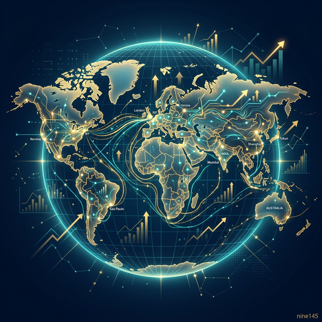 Glowing world map with global trade routes, city labels, and rising market arrows